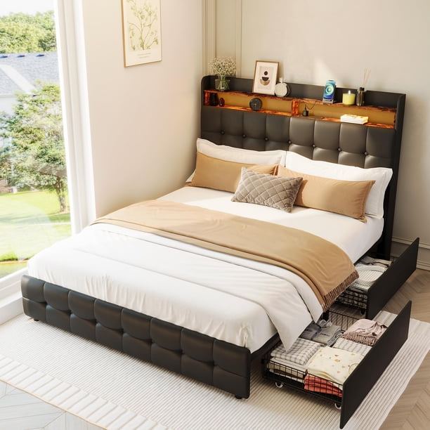 QinaQin Base de cama tapizada con cabecera y 2 cajones, luz LED, contacto y puerto USB, tapizado suave tipo plush, diseño moderno silencioso y funcional para recámara