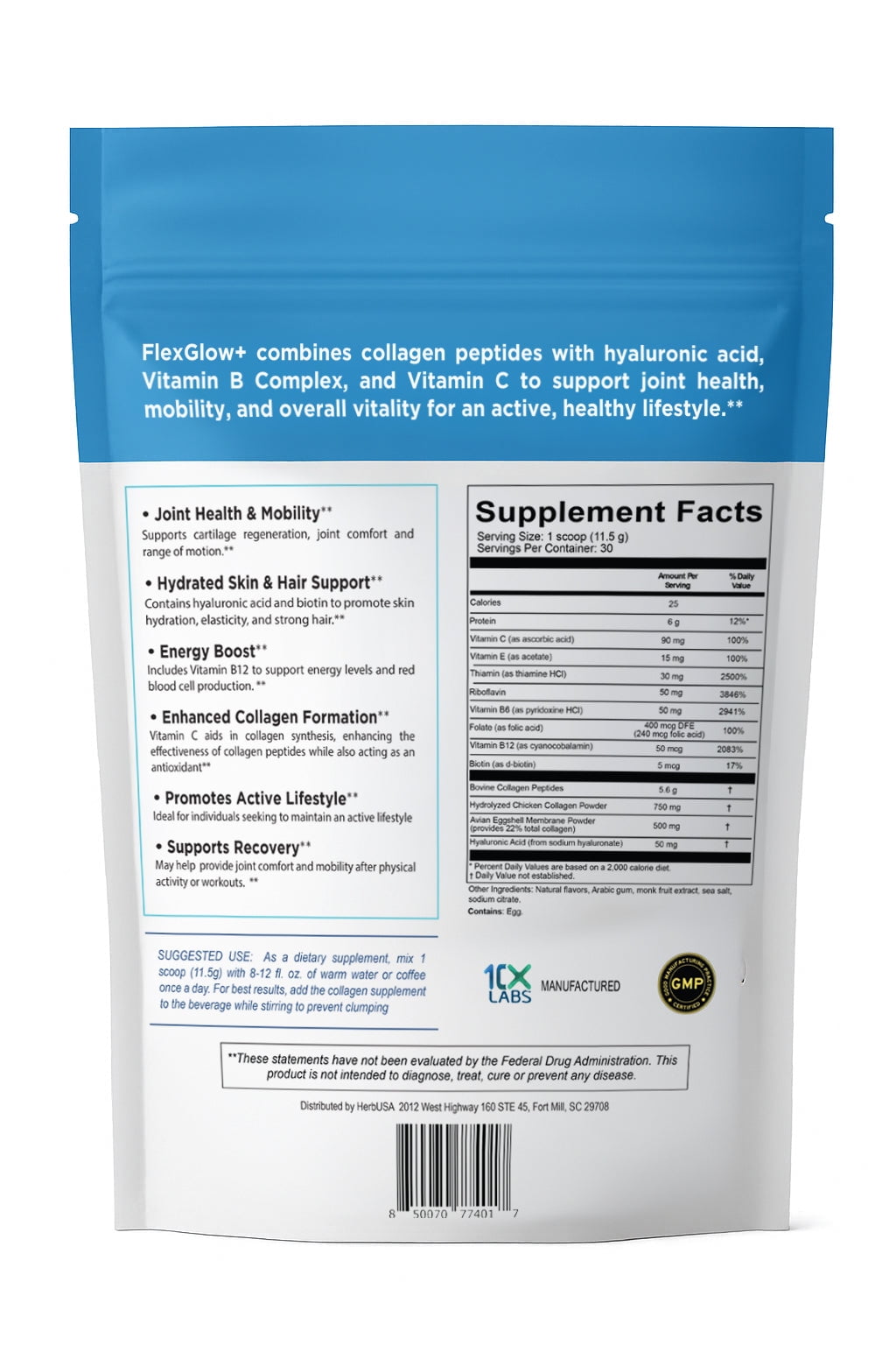HerbUSA FlexGlow+ Collagen Peptides – Chocolate - Broad Spectrum (I, II, III, V, X) – 6,900mg – Hyaluronic Acid, Biotin & Vitamin C – Hair, Skin & Joint Support – 30 Servings (12.17oz)