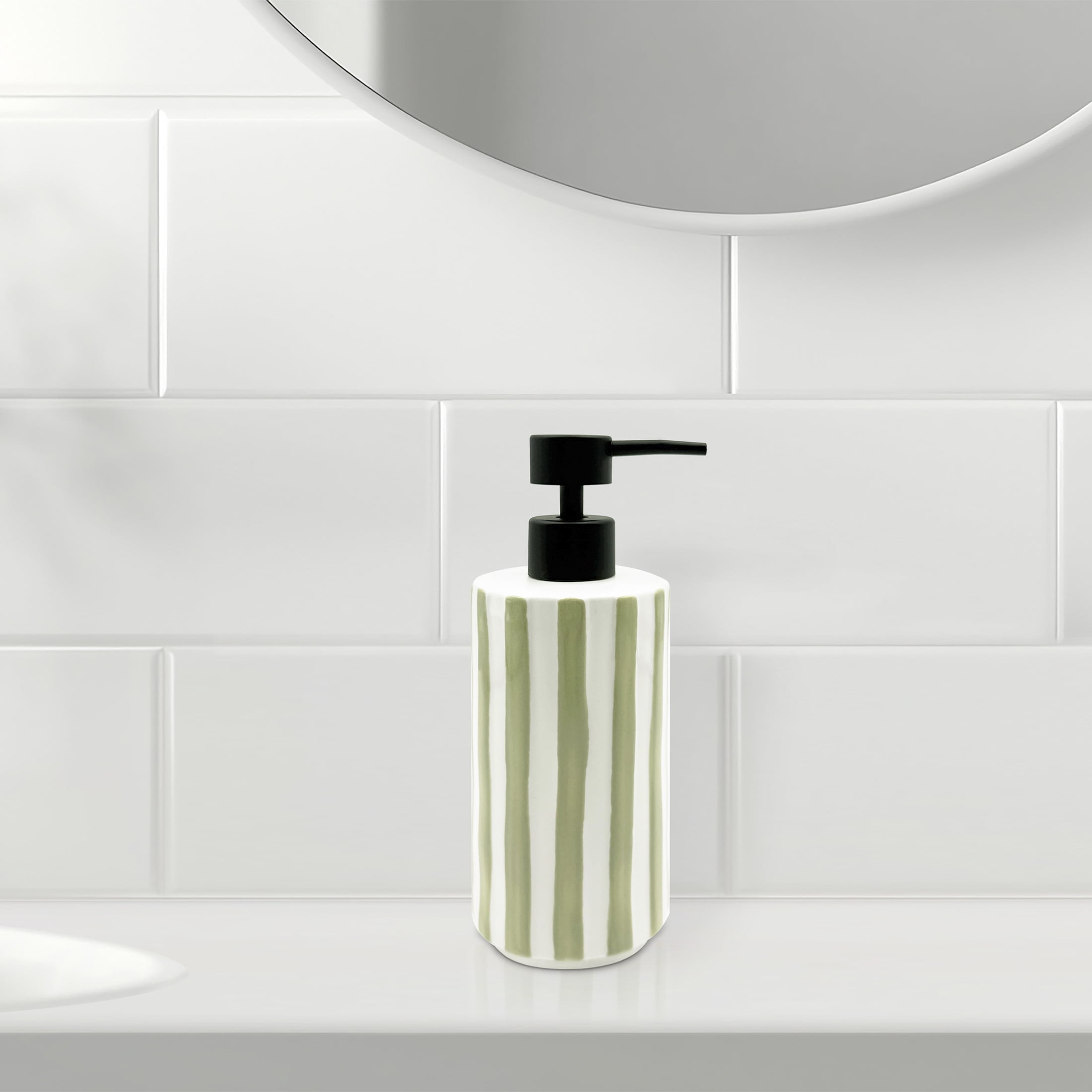 Mainstays Hand-Painted Green Stripe Stoneware Soap Pump