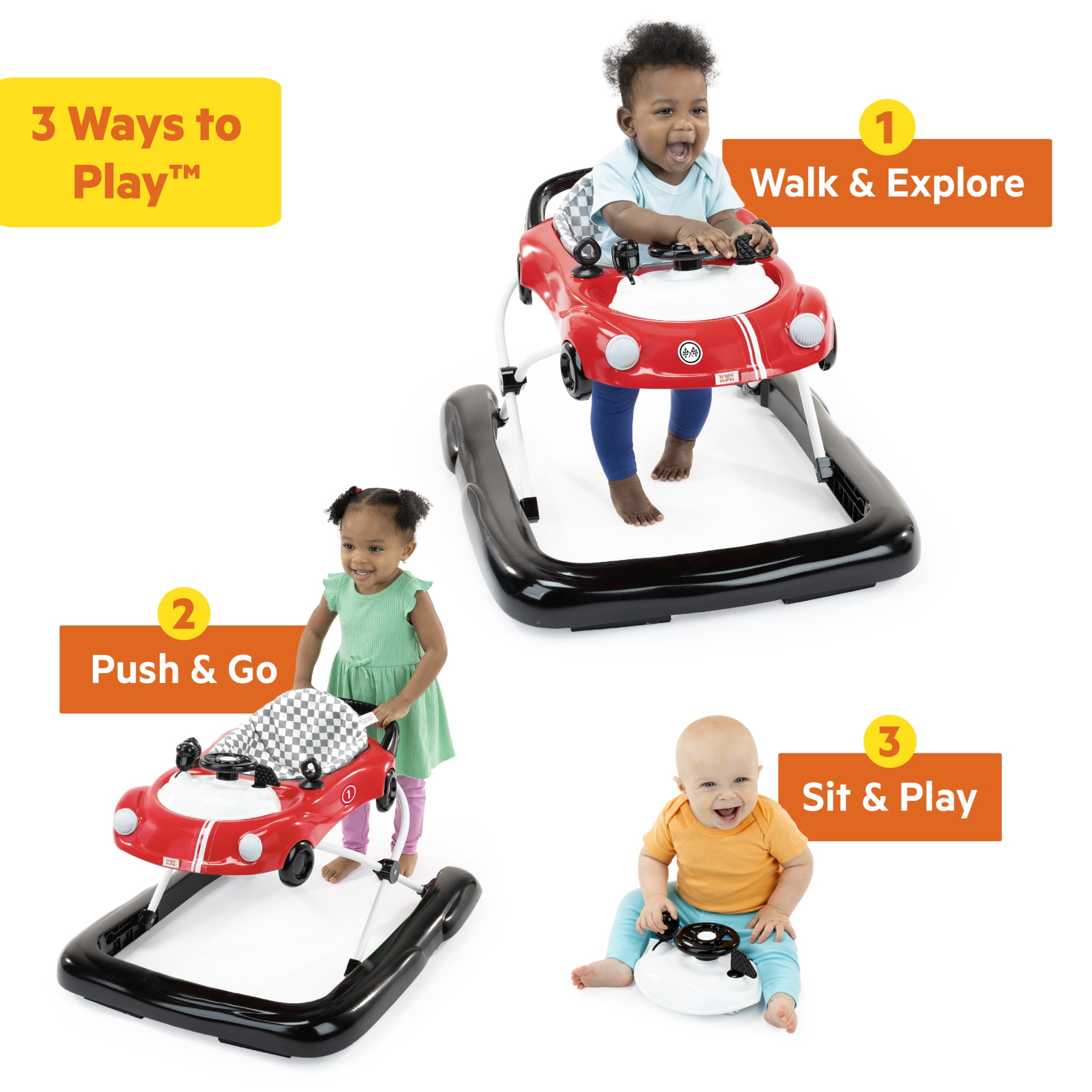 Bright Starts Little Speedster 3-in-1 Car Walker, Red, Infant to Toddler