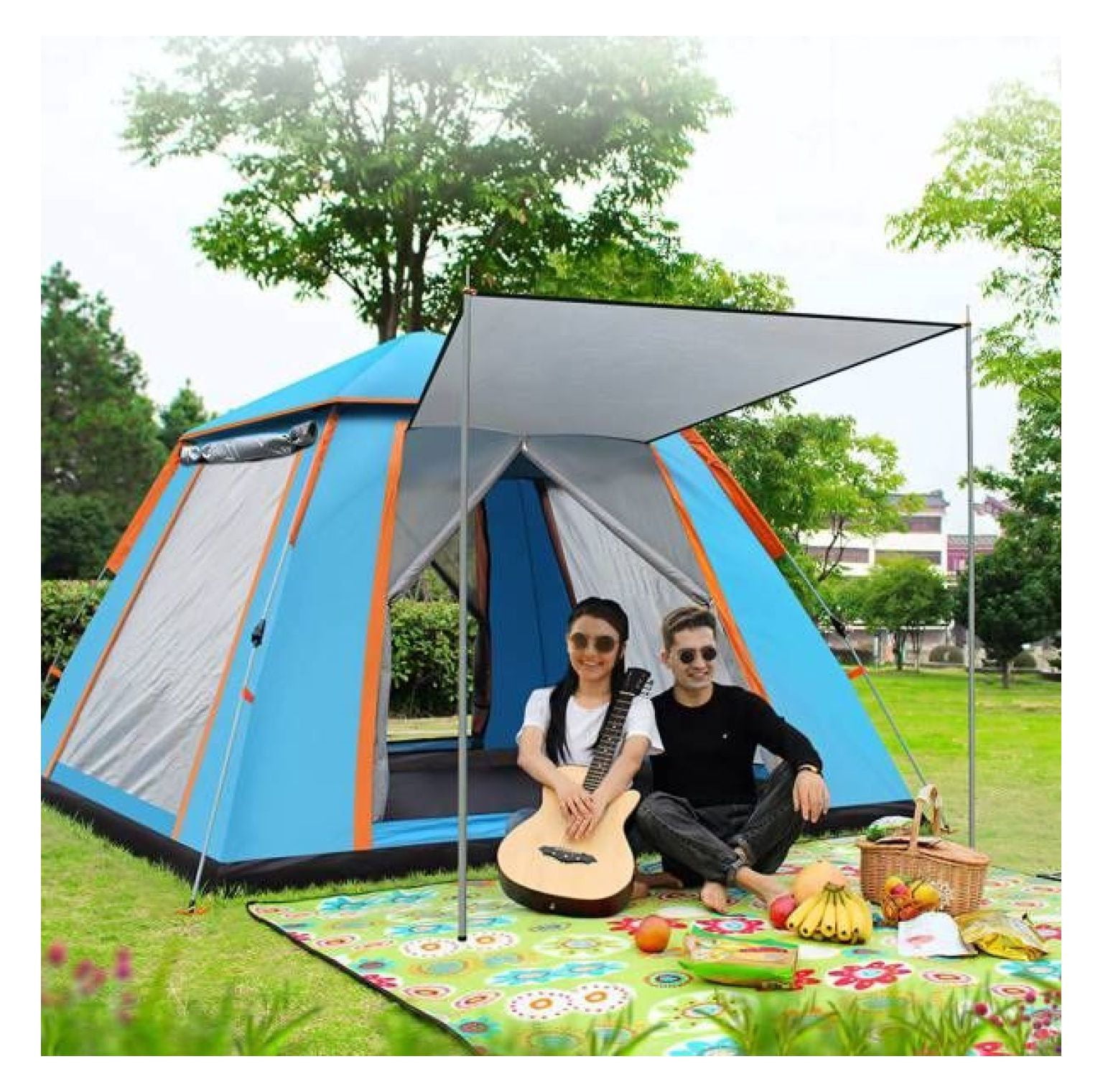 4-5 Person -Up Camping Tent, Setup Family Tent with 2 Mosquito Nets Windows, Portable for Hiking, Backpacking & Outdoor Adventures, Waterproof & Windproof--Blue