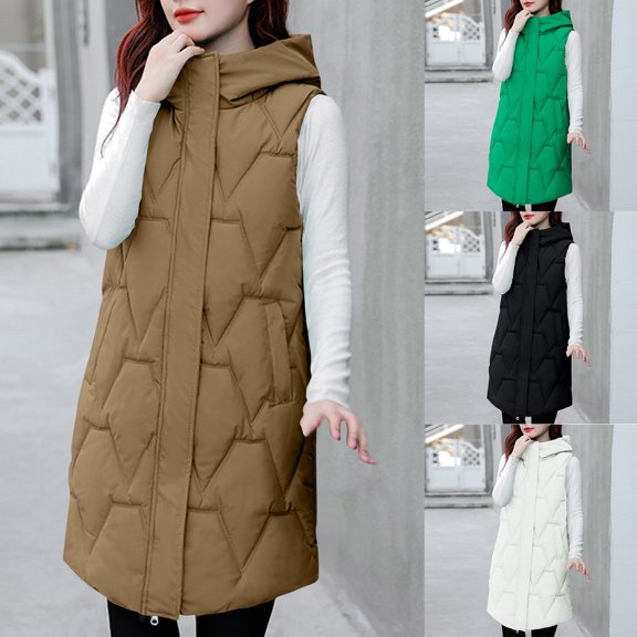 Brondbend Womens Vest Jacket Womens Winter Coat Hooded Sleeveless Pocket Zipper Outerwear Solid Color Casual Loose Fit Coats Lady Going out Tops Black