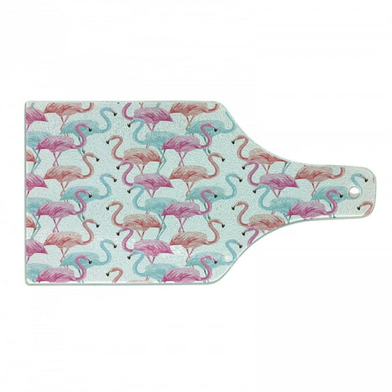 Watercolor Cutting Board, Flamingos in Many Colors Hand Drawn Bird Exotic Animals Illustration, Tempered Glass Cutting and Serving Board, Wine Bottle Shape, Pale Blue Salmon Pink, by Ambesonne