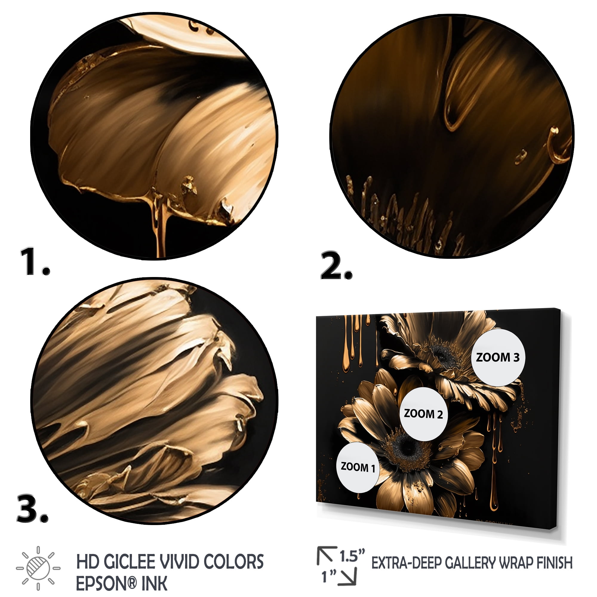 Designart Black And Gold Daisy III Canvas Wall Art