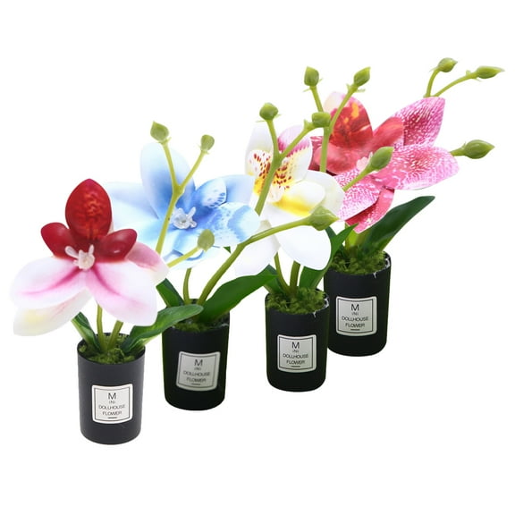 Masteelf 4pcs Miniature Orchid Planter Pots Dollhouse Plants Accessories Mini Artificial Flowers Plants For Doll House Tiny Fake Greenery Bonsai Ornament