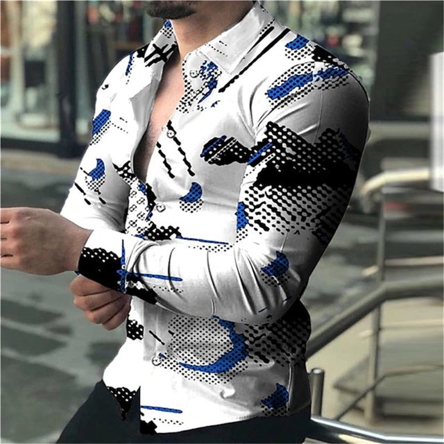 Camisas de moda con estampado floral en 3D para hombre, camisas de manga larga con solapa estampada, ropa informal vintage de lujo con gráficos de calle, tops ajustados para hombre