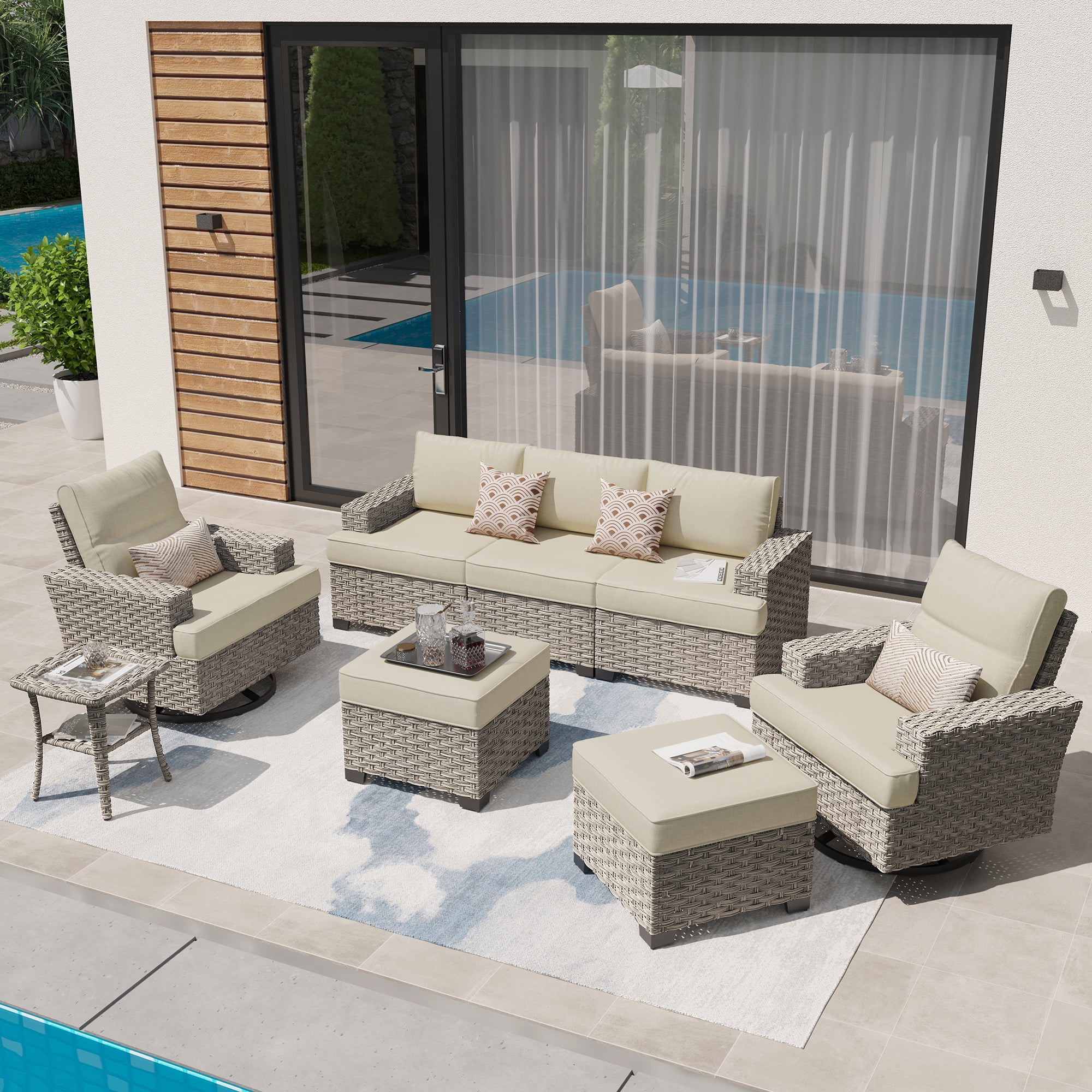 XIZZI 8 Pieces Outdoor Patio Furniture All Weather Rattan Conversation Set High Back Seating Set Modular Outside Sectional Sofa with Swivel Rocking Chairs for Porch,Beige