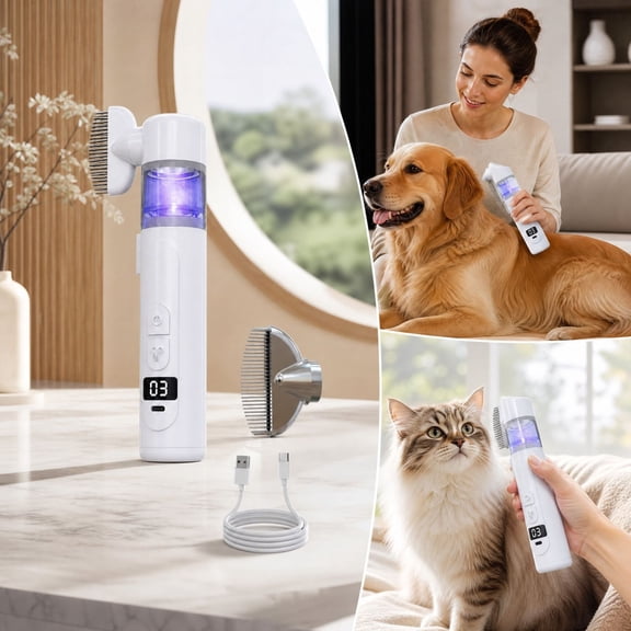 2-in-1 Electric Pet Grooming Comb, Rechargeable Flea Remover and Dematting Brush with Digital Display, Replaceable Heads for Loose Hair, Tangles, Routine Coat Care, 7.6 x 1.7 x 1.7 in, White, 1 Set