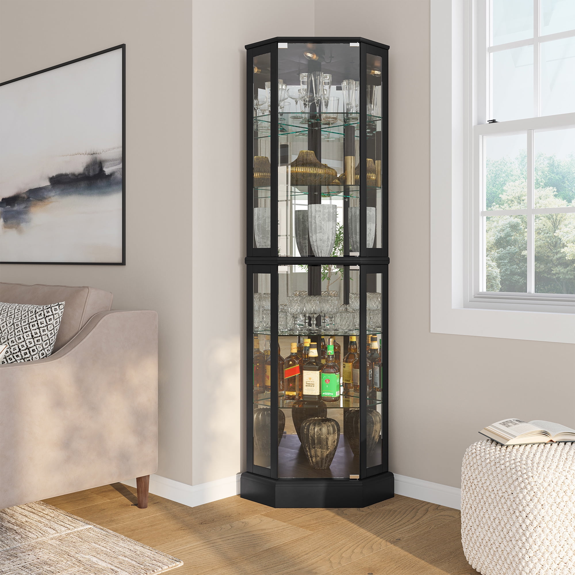 BELLEZE Ashfield Lighted Wood Glass Curio Corner Cabinet Glass Door Display Tall Storage Walnut Walmart