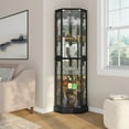 thumbnail image 2 of BELLEZE Lighted 3-Side Glass Display Curio Cabinet with Tempered Glass Doors and Shelves, Curved Wood Corner Cabinet with Bulb, Corner Curio Storage Rack for Bar and Liquor Storage - Ashfield (Black), 2 of 7