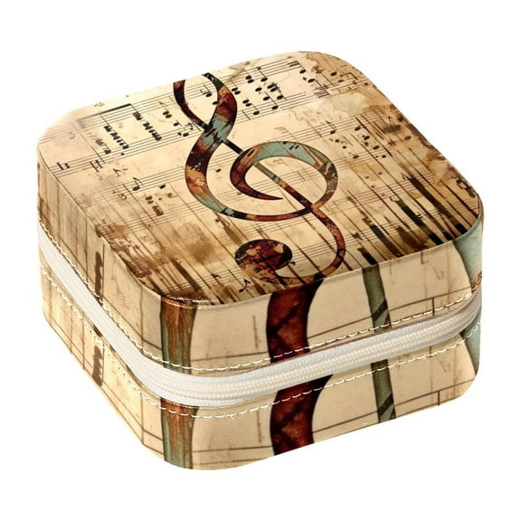 PhooArto Small Jewellery Box, Music Note Vintage Print Portable Travel Mini Jewelry Case for Women Leather Ring Organizer