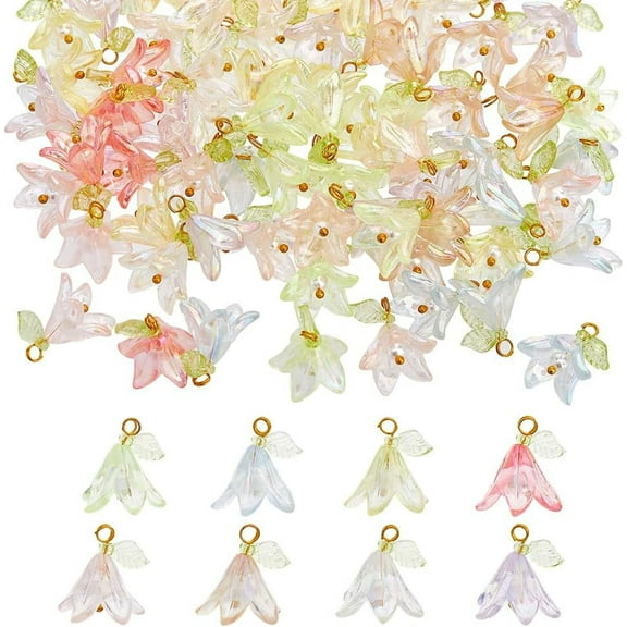 80PCS 8 Colors Acrylic Flower Charms Lily Floral Pendants with Pearl Beads Bell Orchid Leaf Dangle Charms for DIY DIY Bracelet Earrings Necklace Jewelry Making Crafts