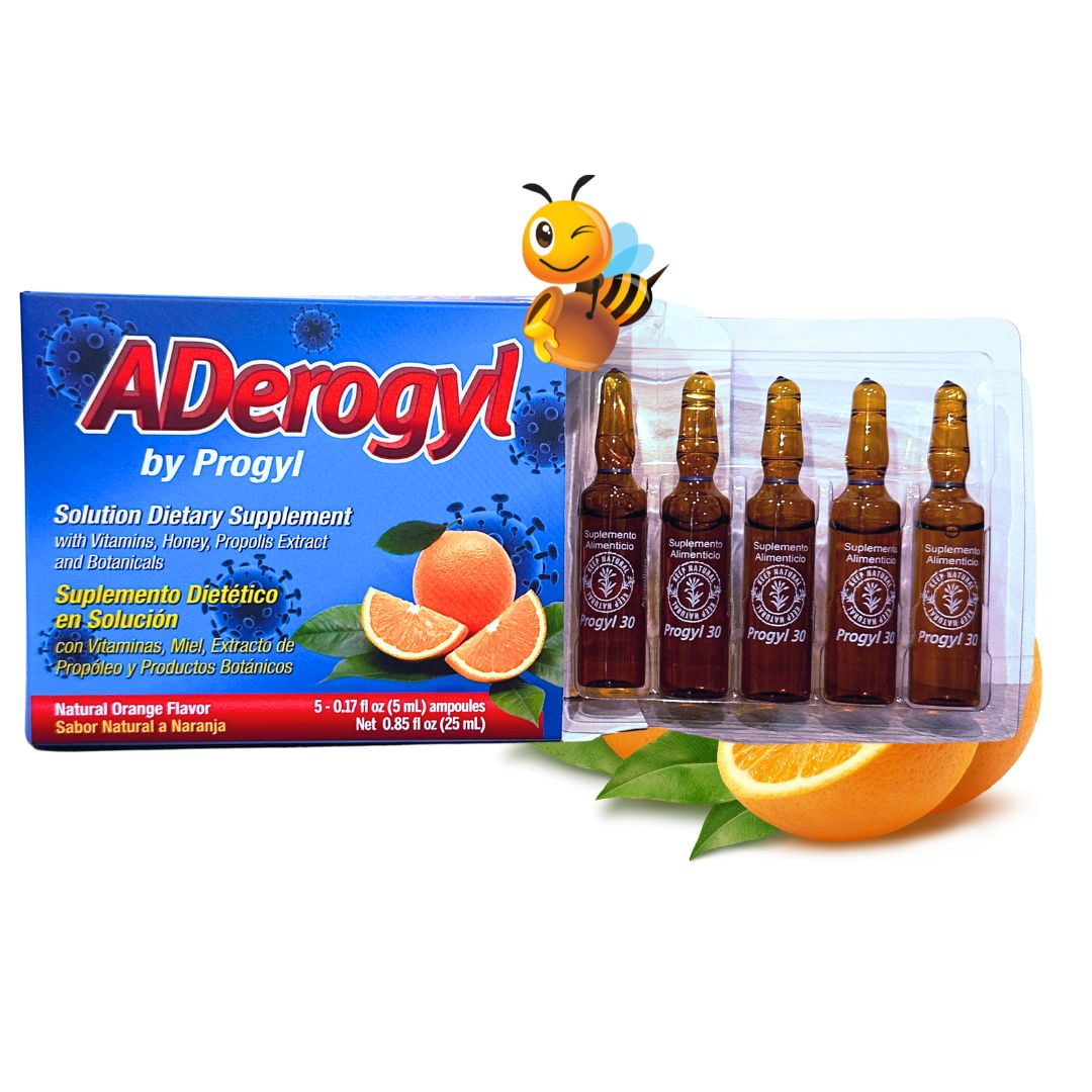ADerogyl by Progyl - 5 Ampolletas Vitaminas Miel, Propolio,  with Vitamins A, C, D, E, Zinc, Honey, Propolis- Natural Orange Flavor - 5 Ampoules (0.85 fl oz / 25 ml) Immune Support