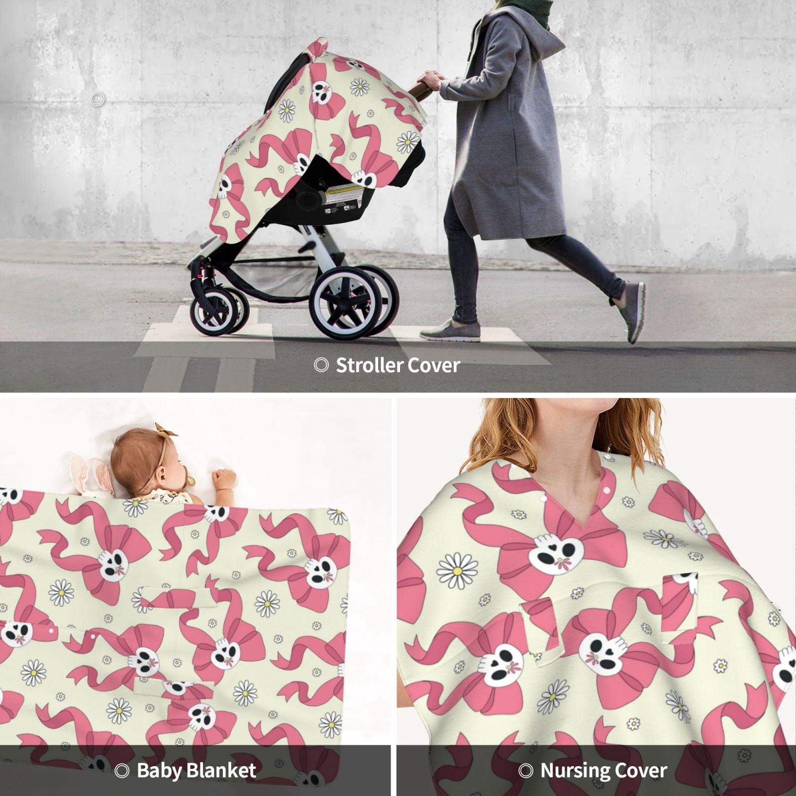 Car Seat Cover Baby - Bow With Sugar Skull Breathable Infant Car Seat Cover for Baby Carseat, Lightweight Comfort Baby Essentials Must Haves Newborn Stuff for Girl Boy