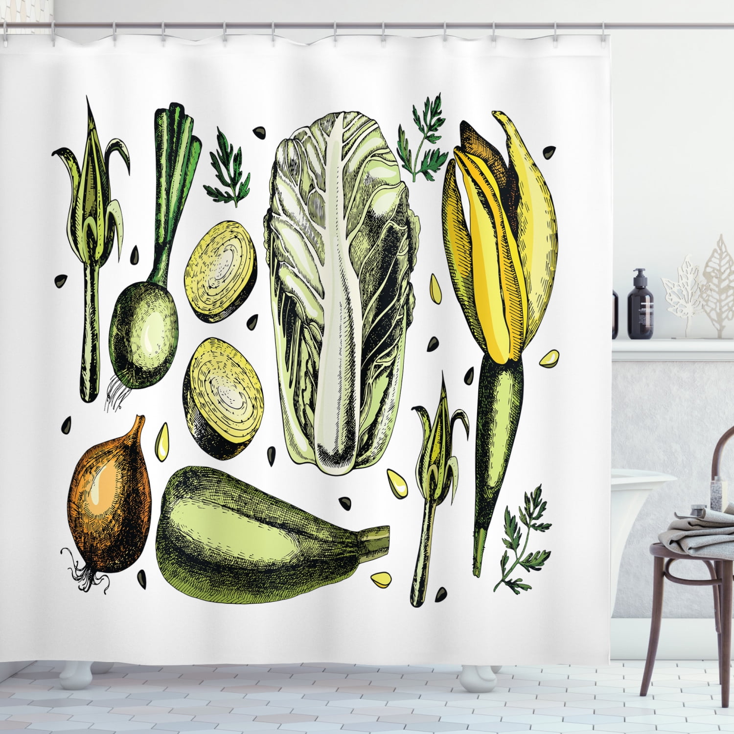 Vegetable Art Shower Curtain, Onion Cabbage Artichokes Asparagus Vegan