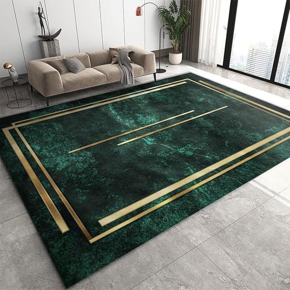 Luxurious Emerald Green Area Rug, Golden Geometric Lines Non Slip Carpet, Low Pile Easy Machine Washable Rug For Living Room Bedroom Kitchen Dining Room Home Office Floor Mat 3x4ft