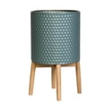 thumbnail image 2 of Honeycomb Metal Planter Pot With 4-Leg Wood Base - Blue-Green - 21.5"H x 12"W, 2 of 4
