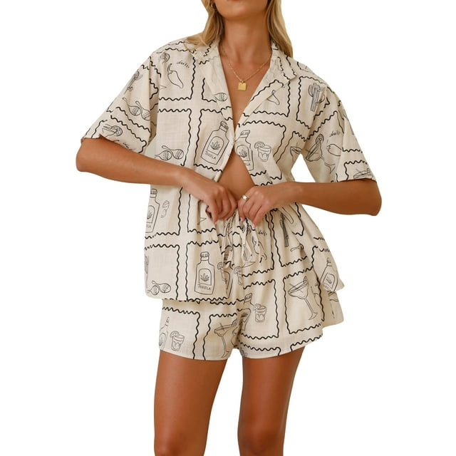 Gupgi Ensemble Graphique pour Femmes 2 Pcs avec Shorts Blouse à Manches Courtes Col à Revers Col en V Shorts Amples Tenue d'Été pour les Vacances