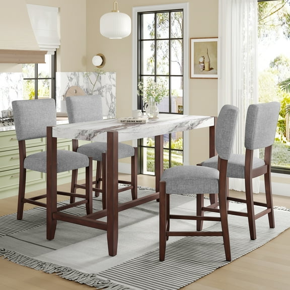 Harper & Bright Designs Marble Counter Height Dining Table Set for 4, 5 Pieces Bar Table Set with 4 Upholstered Chairs for Dining Room Pub Kitchen Small Place, White gray