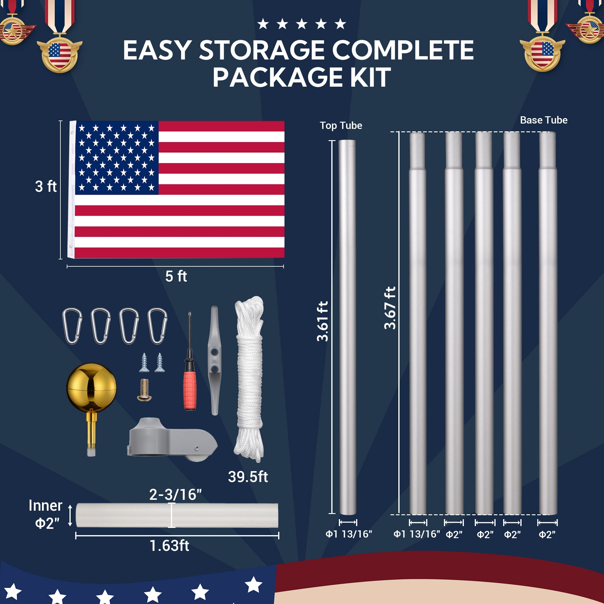 Yescom Bravery 20ft 13 Gauge Thicken Sectional Flag Pole Kit for Outside House with USA Flag Top ,Sliver