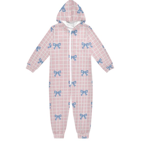 Blue Bowknot Check Boys & Girls Hooded One-Piece Pajamas Warm Crystal velvet Hooded Long Sleeve Loungewear Jumpsuit Unisex