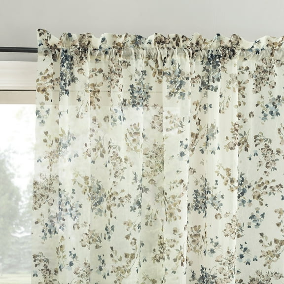No. 918 Alethea Floral Print Crushed Voile Sheer Rod Pocket Curtain Panel, 51"W X 84"L, Antique