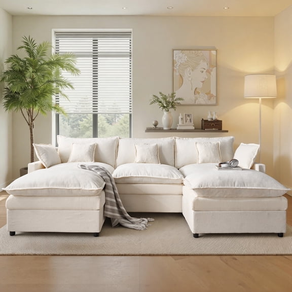 Ovios 108" Modular Sectional Sofa U-Shaped Cloud Couch with 2 Ottomans, Comfy Living Room Furniture, Chenille, White
