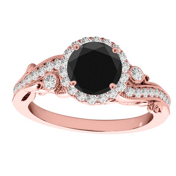 Aonejewelry 1.00 Carat Round Shape Natural Black With Side White Diamond Beautiful Engagement Wedding Ring Well Crafted In 10K Solid Rose White & Yellow Gold For Woman