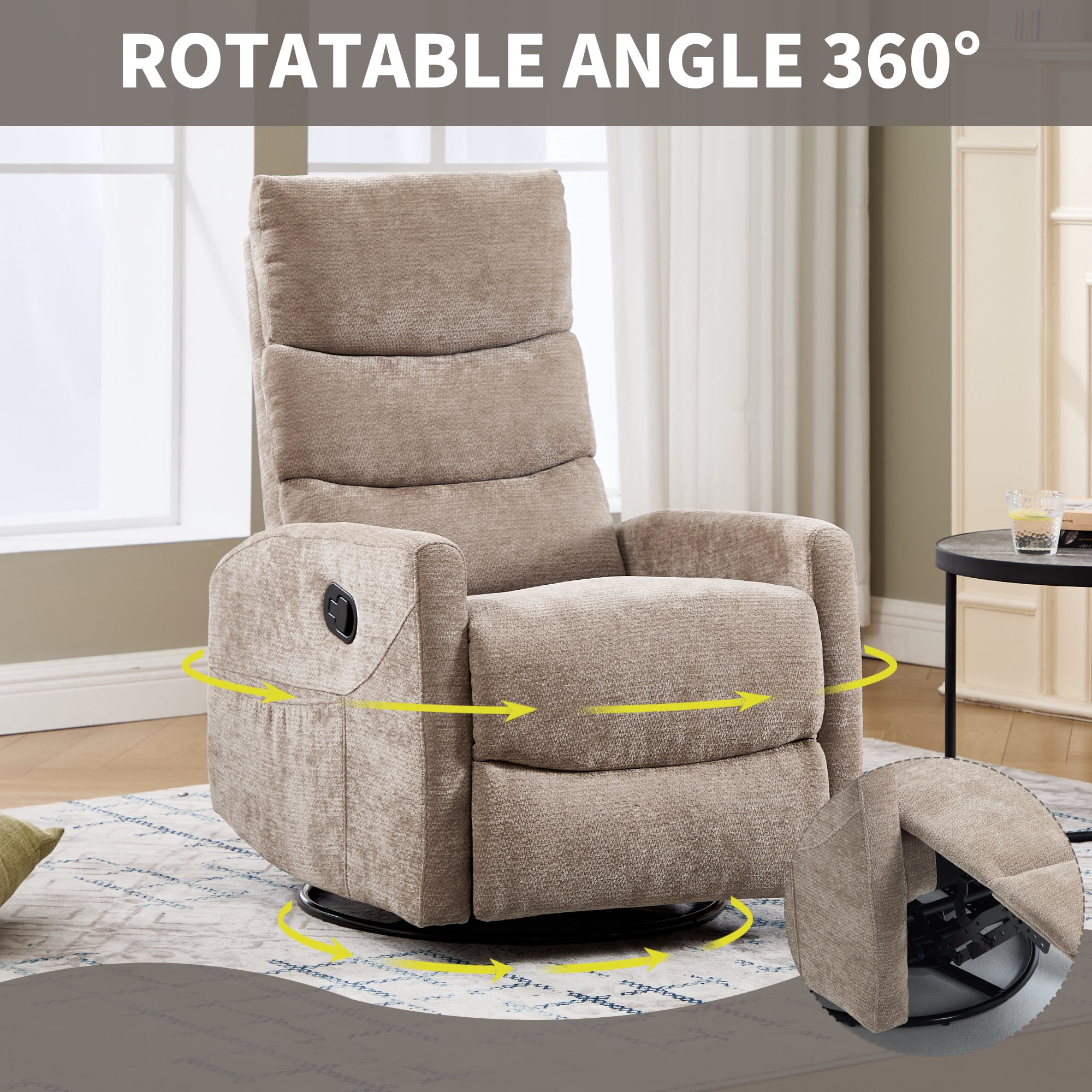 PAPROOS Swivel Rocker Recliner, Velvet 360° Swivel Rocking Recliner, Glider Rocking Chair for Nursery, Small Rocker Chair, Manual Recliner for Adults for Home Theater Living Room, Khaki
