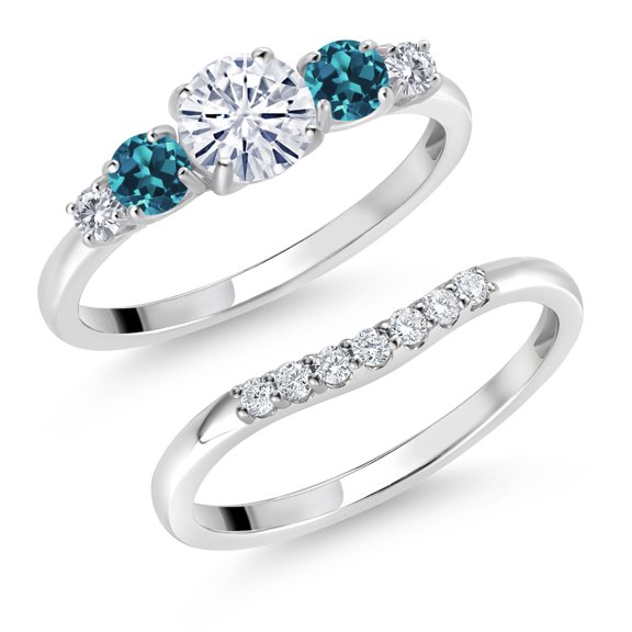 Gem Stone King 10K White Gold White Moissanite London Blue Topaz and White Lab Grown Diamond 5 Stone Bridal Engagement Wedding Ring Set for Women (0.87 Cttw, Round: 5MM and 3MM, Size 8)
