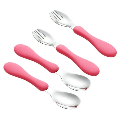 

4pcs Children Spoon Portable Silicone Handle Stainless Steel Fork Safety Baby Feeding Spoon Eating Training Spork Kids Tableware (2 Pink Forks+2 Pink Spoons)