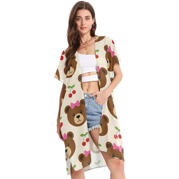 Beach Vacation Clothes Kimono Cardigan Loose Swimsuit Cover Up for Women Bear Bow Cherry S