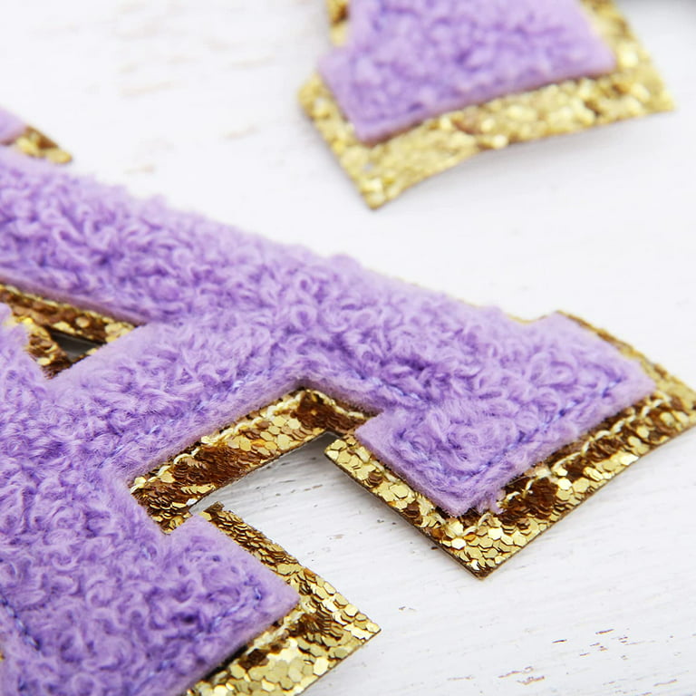 26 Letter Set Chenille Iron On Glitter Varsity Letter Patches - Purple  Chenille Fabric With Gold Glitter Trim - Sew or Iron on - 8 cm Tall 