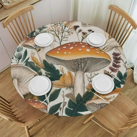 

XINLUO Fall Round Tablecloth for Dinner Thanksgiving Tablecloth Mushroom Pattern Fitted Round Tablecloth with Elastic for Holiday 54 -58