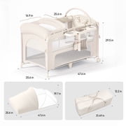 Babyomi 4 in1 Baby Bassinet with Diaper Changer, Long Next to Bed Crib with Mattress, Height Adjustable, Pack and Play, Bedside Crib Sleeper, Beige