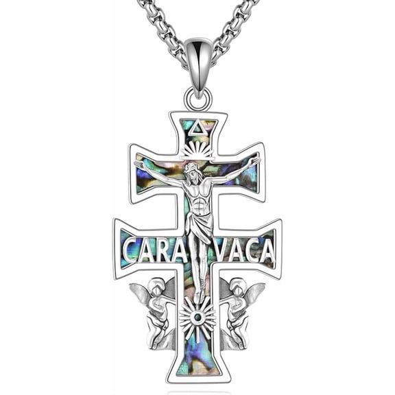 Caravaca Double Cross Necklace 925 Sterling Silver Abalone Shell Cross Pendant Necklace Religious Jewelry Gifts for Women Men