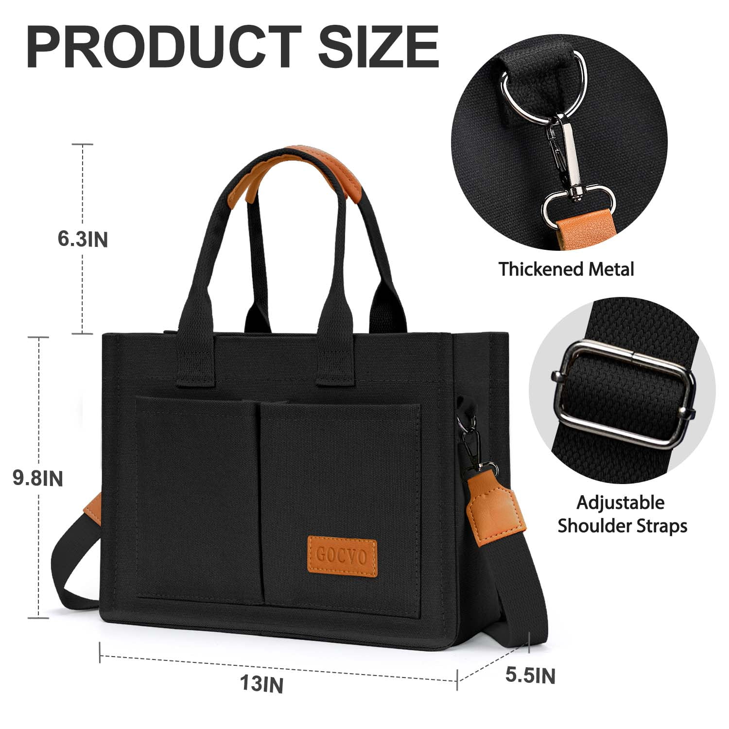 Gocvo Canvas Tote Bags for Women, Large Multi-Pocket Handbags for Woman, Crossbody Canvas Bag, Black