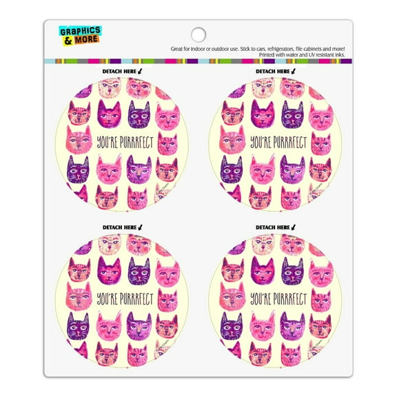 You´re Purrrfect Perfect Cat Heads Refrigerator Fridge Locker Vinyl Circle Magnet Set