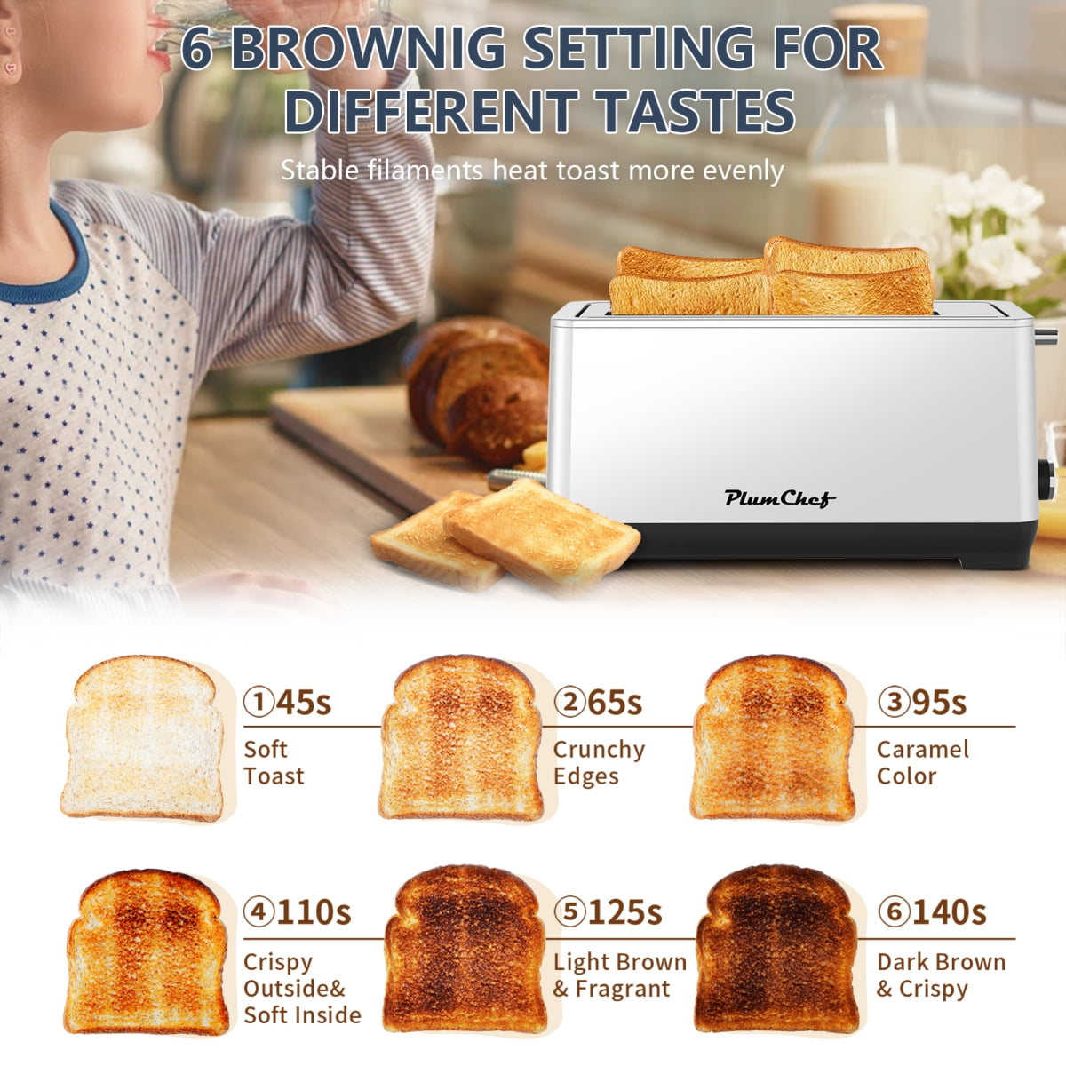 Silver 4-Slice Extra Wide Toaster - 1350W Stainless Steel Warming Rack Crumb Tray, 6 Browning & Bagel/Defrost/Reheat Functions