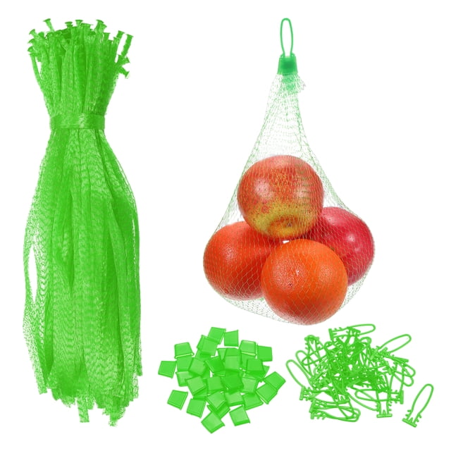 Lot de 100 Sacs de Production Réutilisables en Filet, 35cm/14 Pouces Sacs de Rangement Lavables avec Boucle en Plastique pour Fruits Frais Légumes Fruits de Mer, Vert