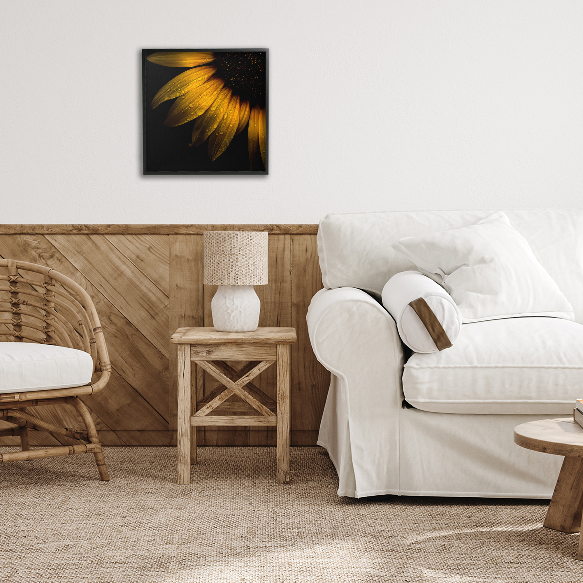 Sunflower Detail with Droplets Black Framed Giclee Art, design by Brian Carson Photography