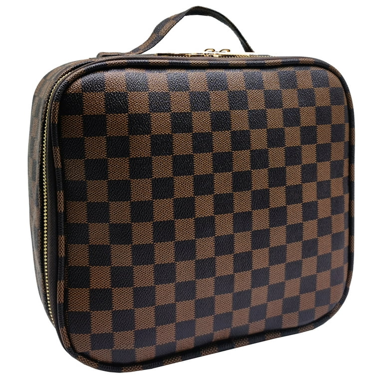 Brown Portable Checkered Makeup Bag with Adjustable Partition; Gifts; Brown