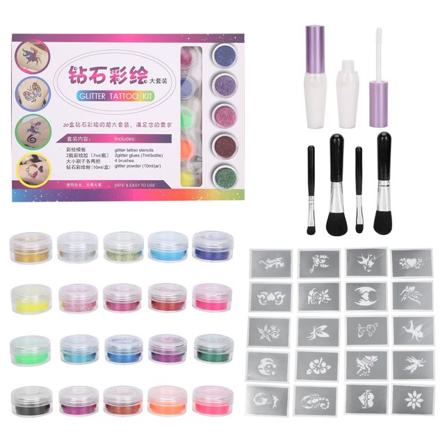 20 colores cara cuerpo pintura brillo polvo DIY pintura plantillas pegamento cepillo conjunto