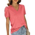 thumbnail image 2 of Camiseta de manga soplada para mujer, blusa de manga corta con cuello en V, informal, holgada, de Color puro, para citas, 2 of 5