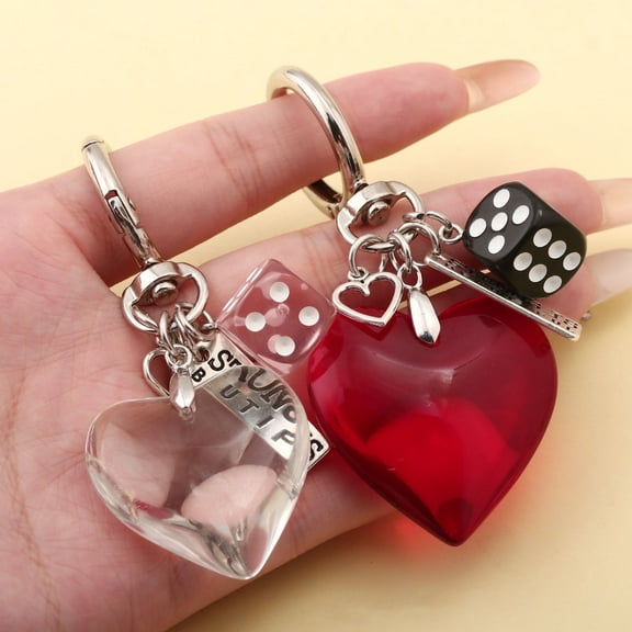 Korea Y2K Red Heart Shaped Fashion Dice Glass Crystal Keychain Phone Valentine's Day Gifts Backpack Keyring Accessories