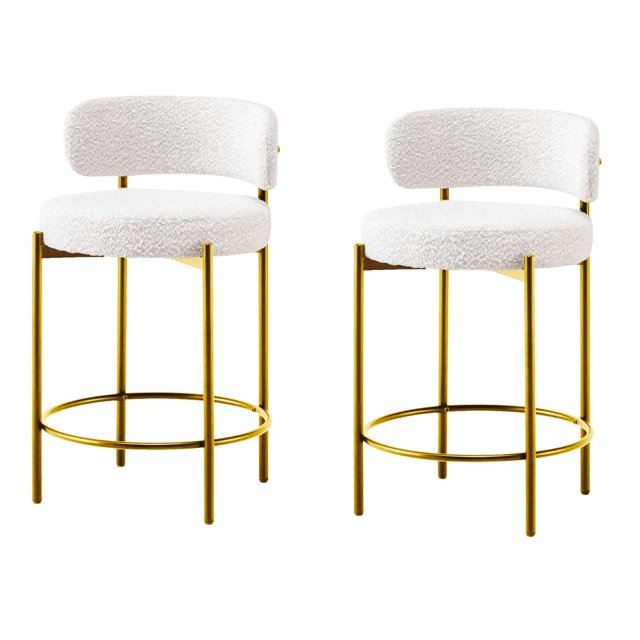 LivinVeluris Counter Bar Stools Set of 2, Modern Bar Stools, Round Kitchen Counter Stool, Boucle Stool with Black Metal Legs, Footrest Stool (Set of 2) (Cream White/Gold Legs)
