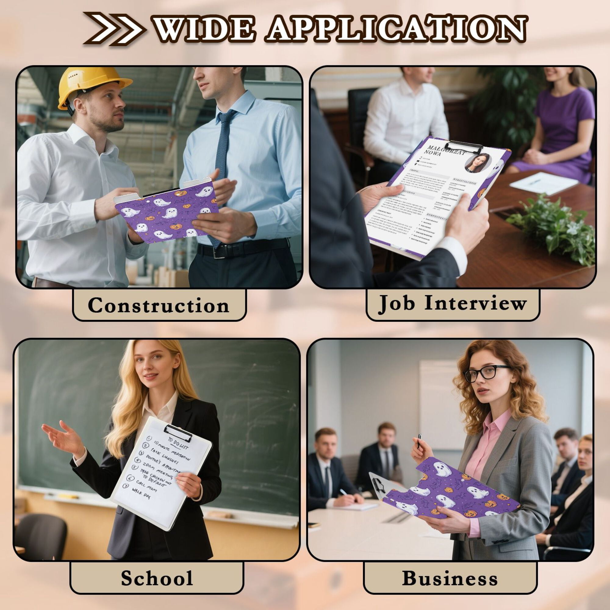 FORMRS A4 Clipboard Folder with Pen Holder Horizontal Foldable School Office Binder, Halloween Purple Ghosts