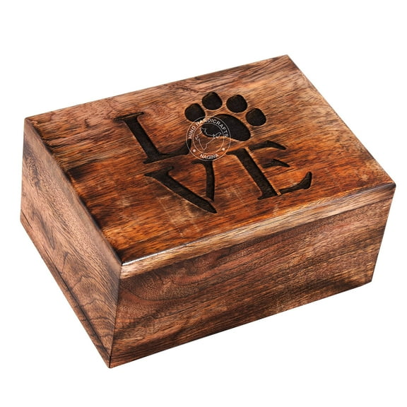 Antique Paw Engraved Mangowood Pet Urn for Dogs Cats Memorial Keepsake Urns for Ashes, Photo Wooden Box Cremation Urn (100 Cubic in, Love Paw)