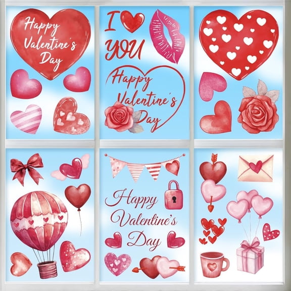 Window Static Clings Stickers Decal 7.9"x11.8"9 Sheets with 56PCS Valentine's Day Patterns Decorative Removable Window Sticker Cling Film Home Office Decor for Glass Window Mirror