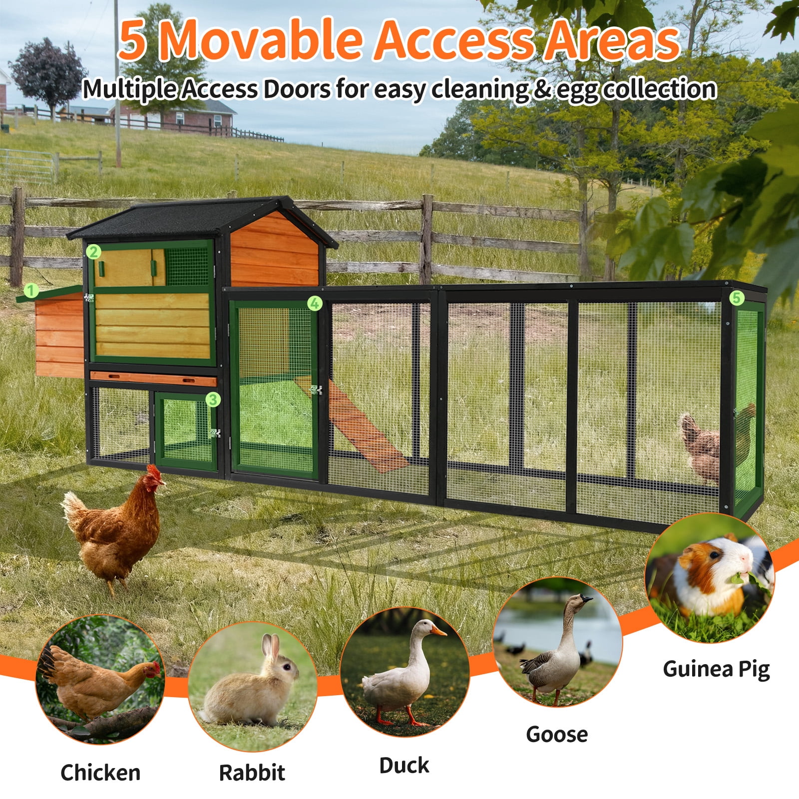 Wooden Chicken Coop, Large Outdoor Hen House with Run and Nesting Box Poultry Cage, Rabbit Hutch, Waterproof Anti-UV Panel for Backyard Black